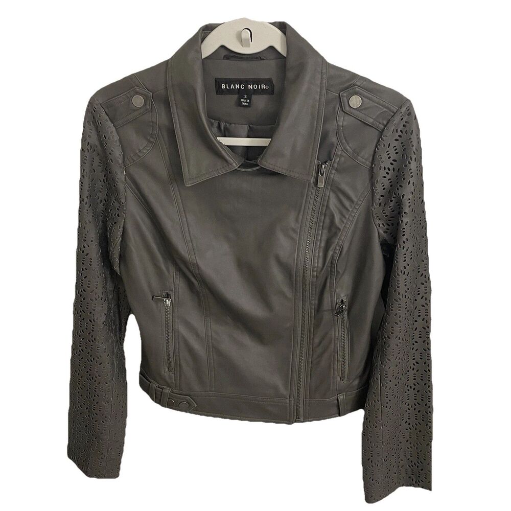BLANC NOIR Moto Jacket Womens Small Gray Faux Leather Laser-cut Long Sleeve